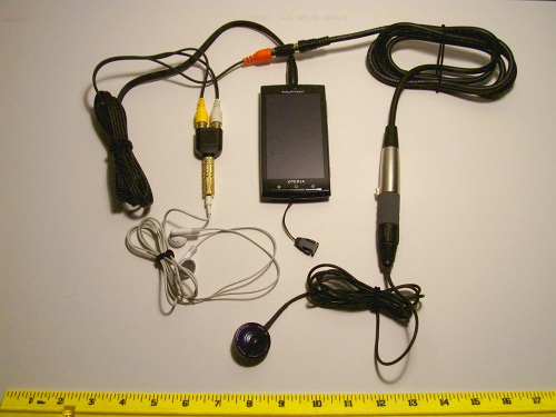 Xperia X10 jury-rigged for recording test using the Schertler contact mic