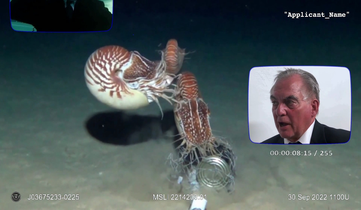 Video still from "Military Sea Life: Recruits!" showing an attempt to interview a deep sea nautilus