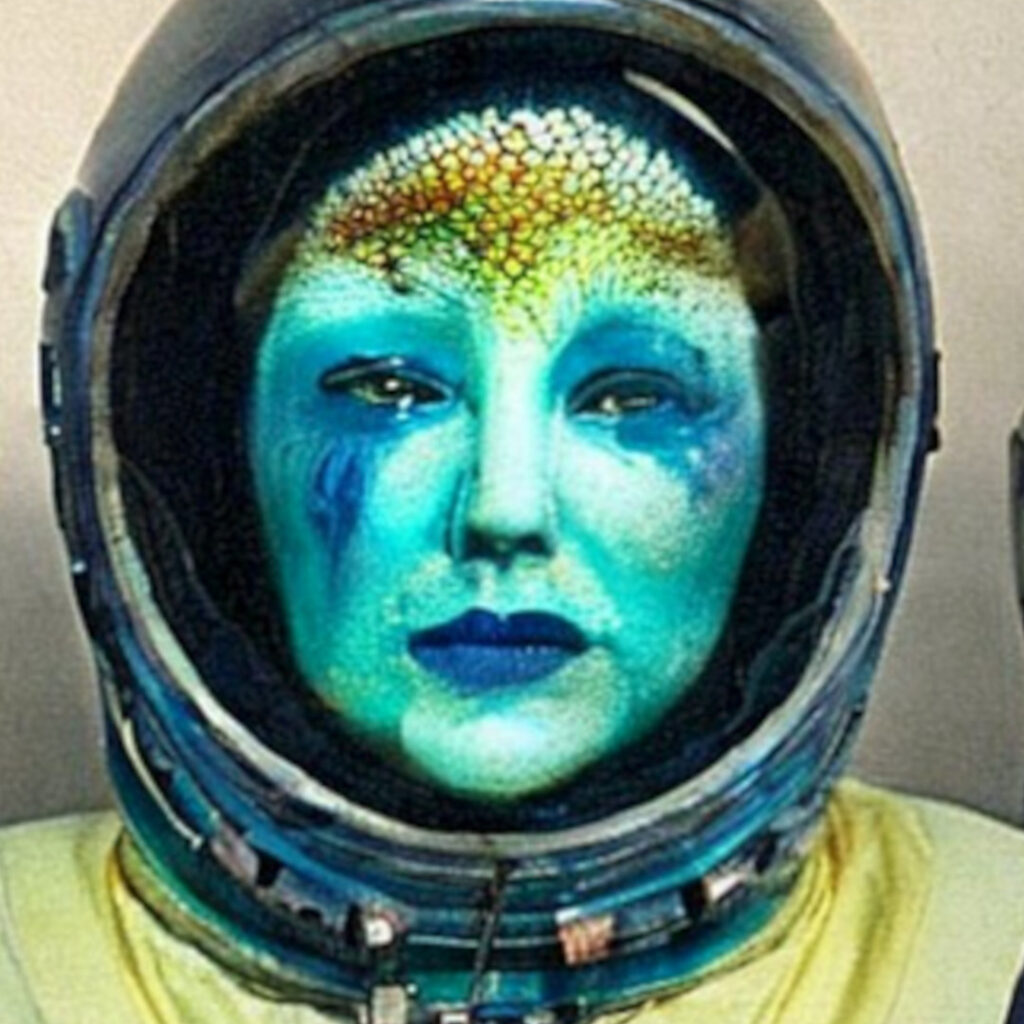Image of a "Creepy Polychrome Sea Goddess in a Spacesuit" generated by Stable Diffusion Online