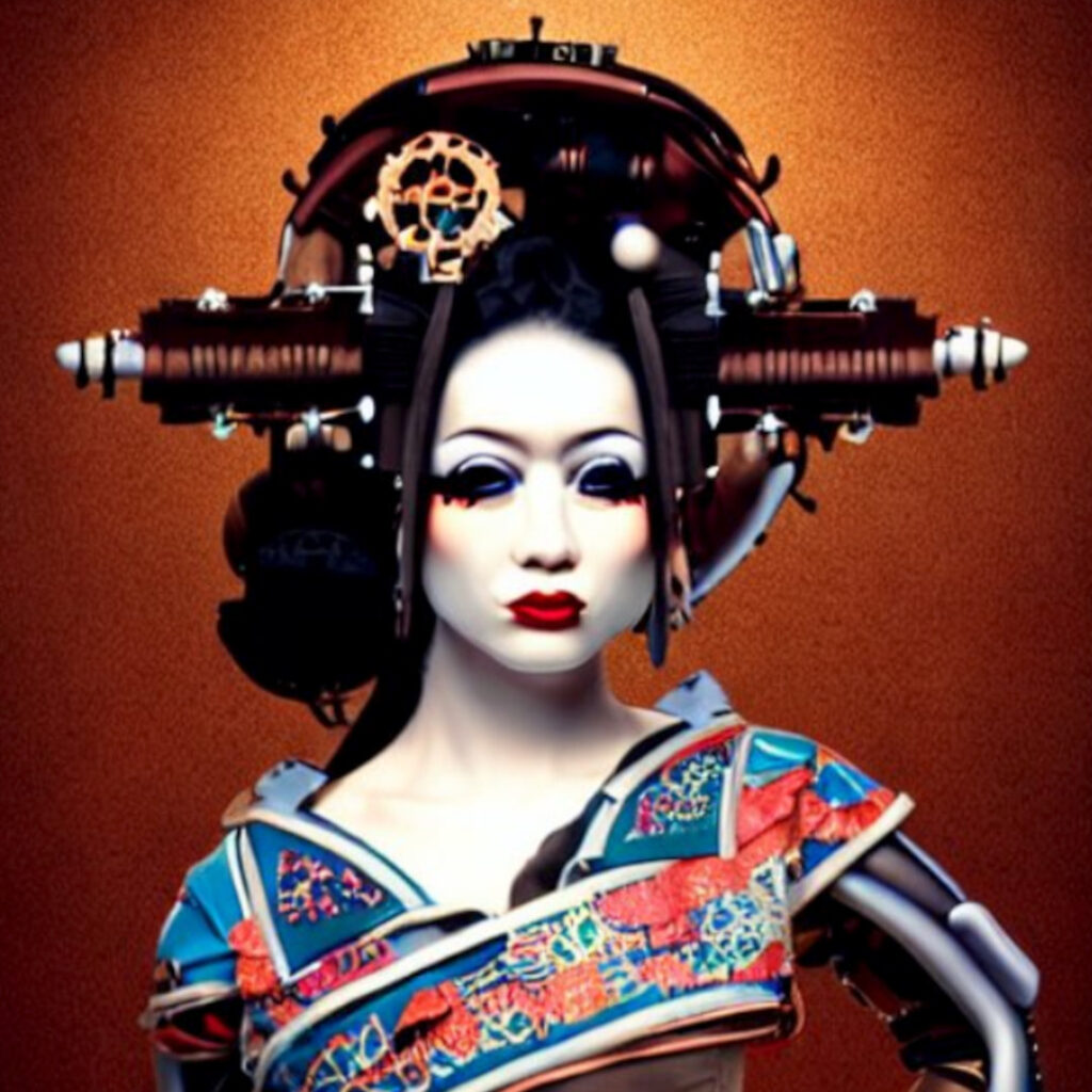 Image of a "Autonomous Steampunk Robotic Geisha" generated by Stable Diffusion Online